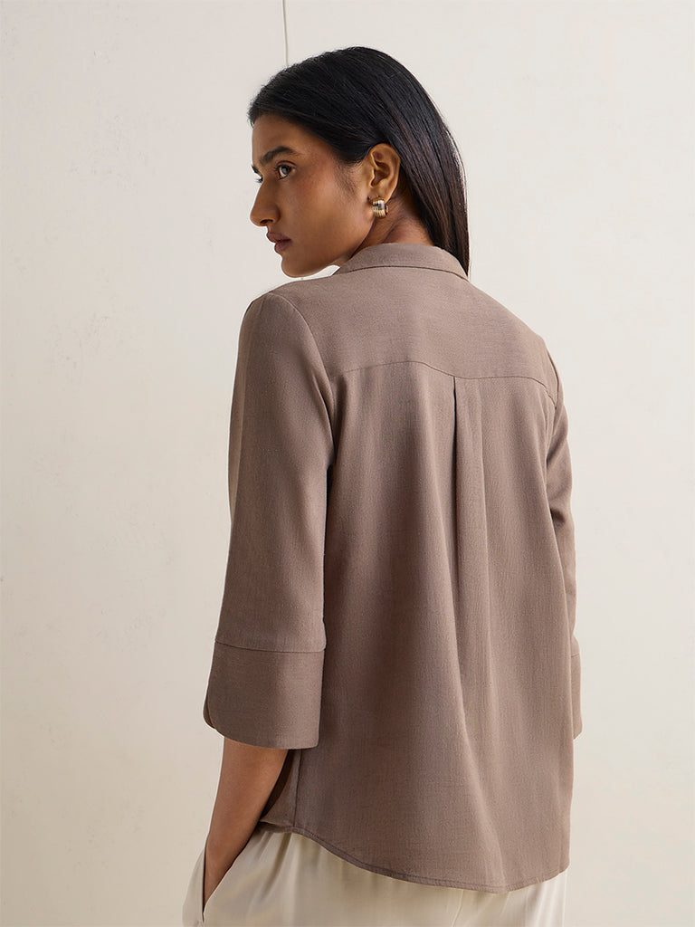 Wardrobe Taupe Solid Linen-Blend Shirt