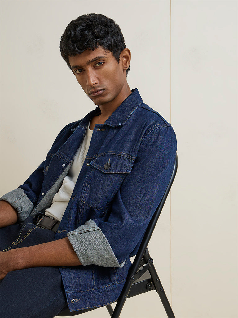 WES Casuals Dark Blue Relaxed-Fit Denim Jacket