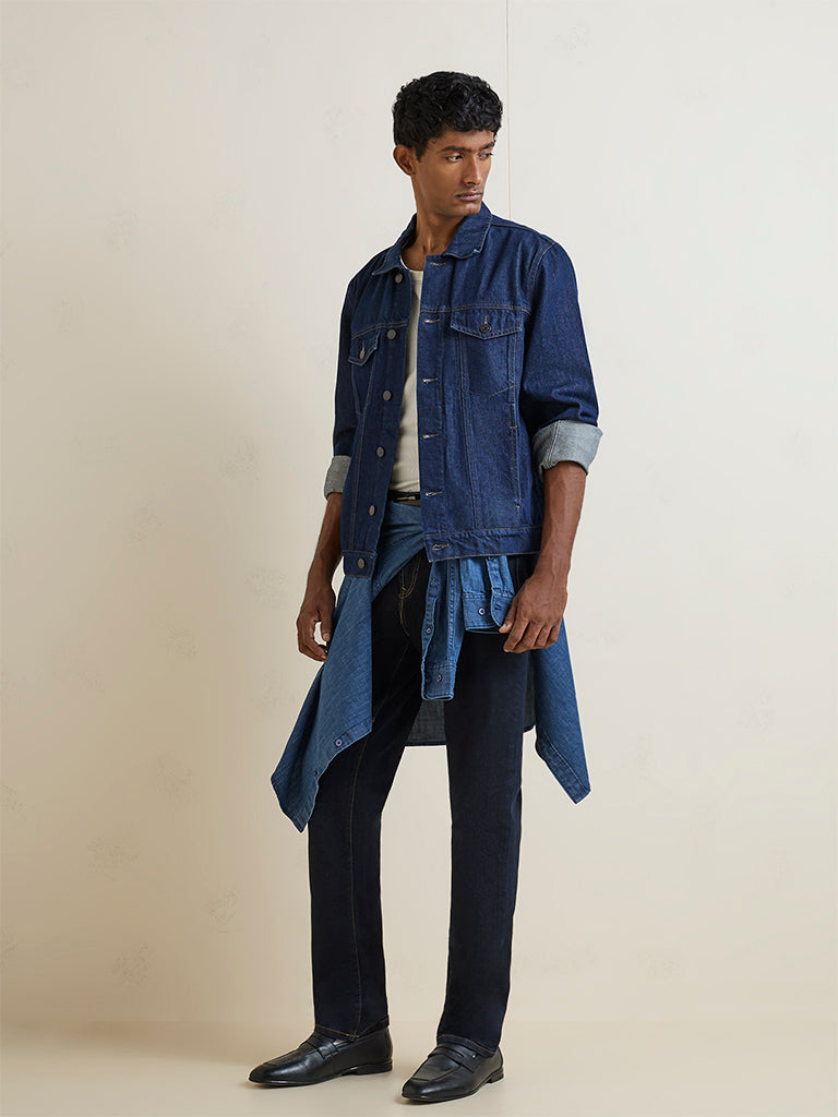 WES Casuals Dark Blue Relaxed-Fit Denim Jacket