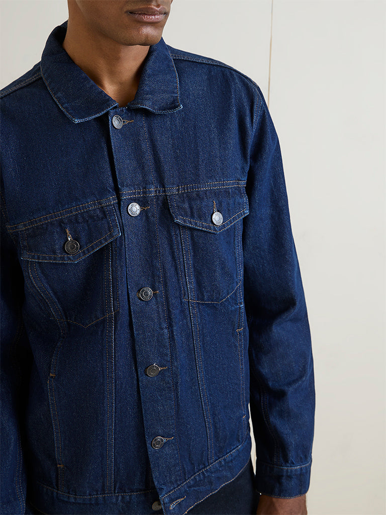WES Casuals Dark Blue Relaxed-Fit Denim Jacket