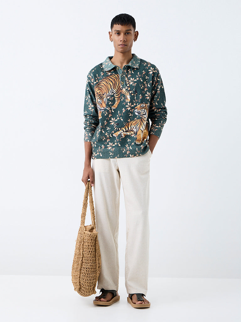 ETA Dark Teal Tiger Printed Knitted Relaxed-Fit Sweater