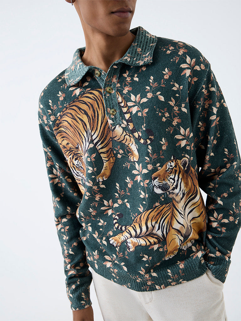 ETA Dark Teal Tiger Printed Knitted Relaxed-Fit Sweater