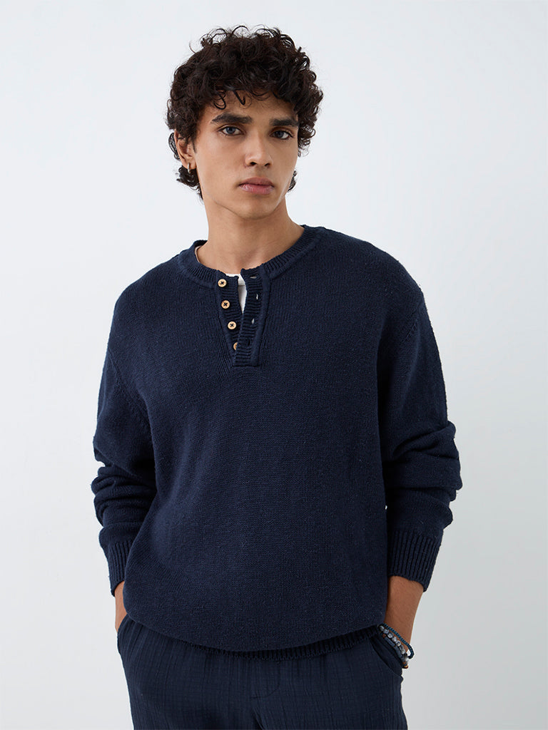 ETA Navy Knitted Relaxed-Fit Cotton Sweater