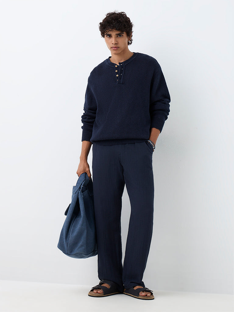 ETA Navy Knitted Relaxed-Fit Cotton Sweater
