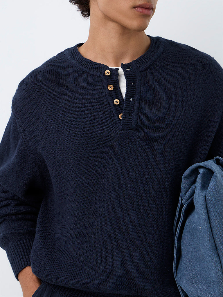ETA Navy Knitted Relaxed-Fit Cotton Sweater