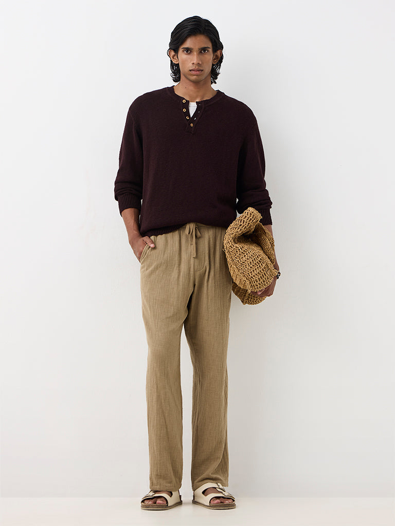 ETA Dark Plum Knit-Textured Relaxed-Fit Cotton Henley Sweater
