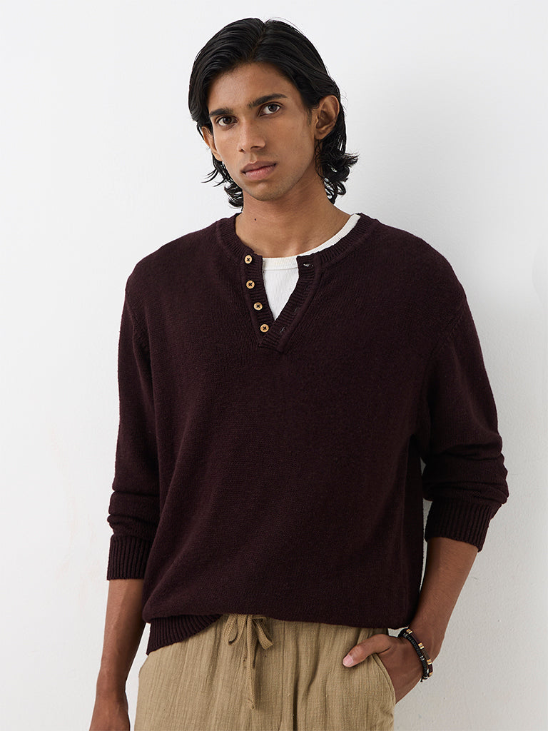 ETA Dark Plum Knit-Textured Relaxed-Fit Cotton Henley Sweater