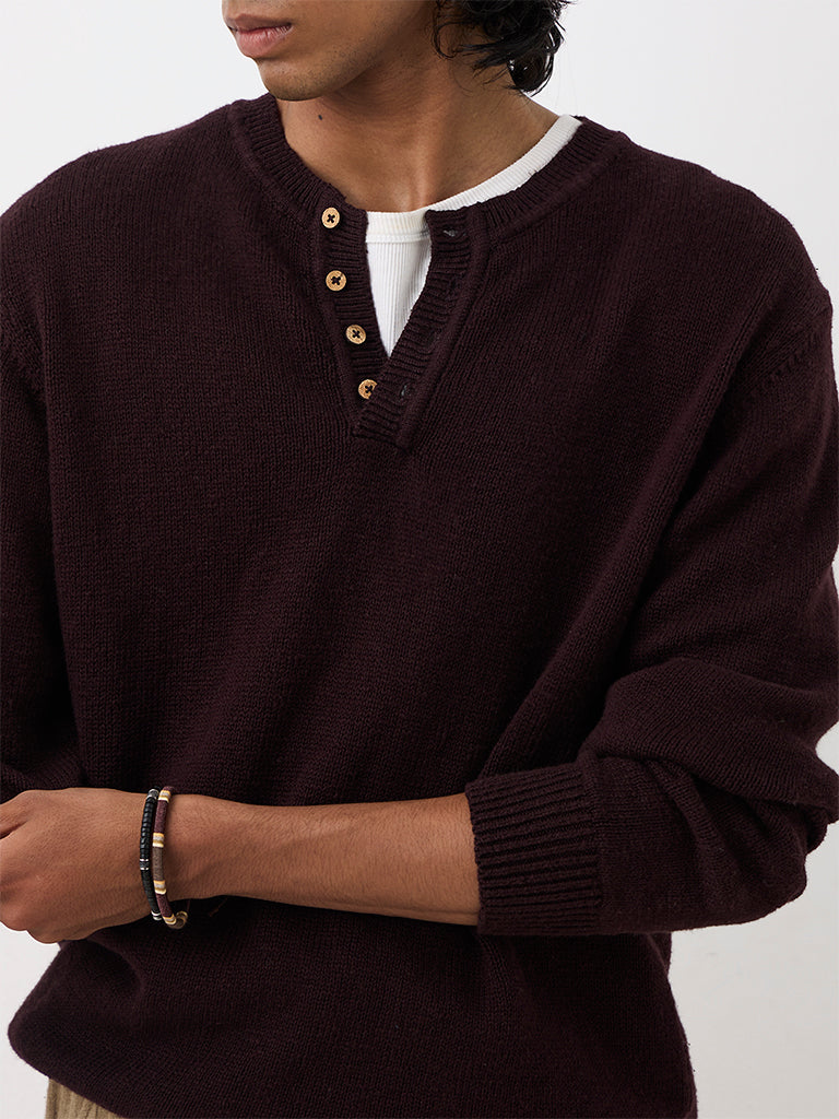 ETA Dark Plum Knit-Textured Relaxed-Fit Cotton Henley Sweater