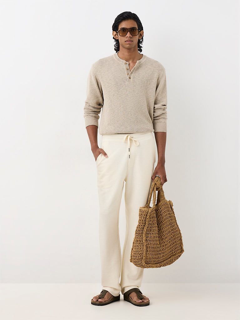 ETA Beige Melange Knit-Textured Relaxed-Fit Cotton Henley Sweater