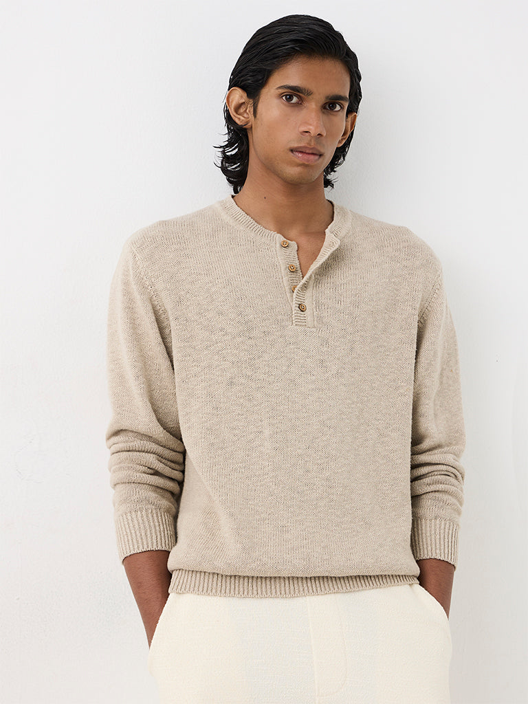 ETA Beige Melange Knit-Textured Relaxed-Fit Cotton Henley Sweater