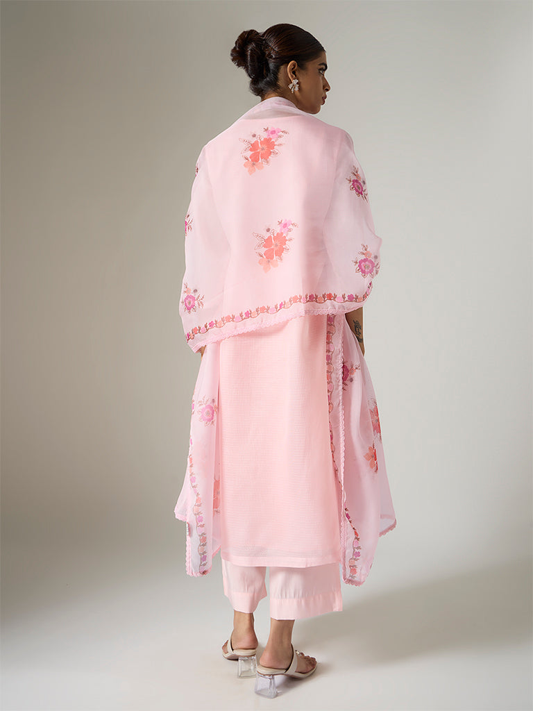 Vark Light Pink Floral Embroidered A-Line Ethnic Set