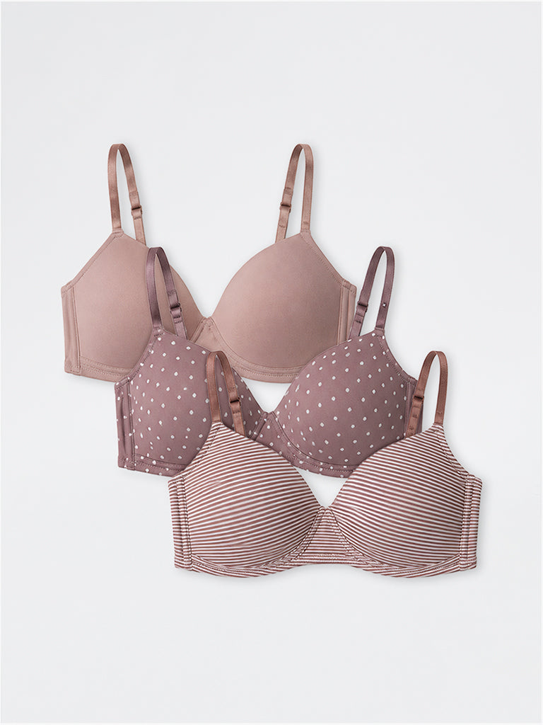 Wunderlove Brown Printed Padded Bras - Pack of 3