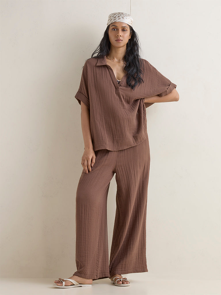Wunderlove Brown Crinkle-Textured Beach Top