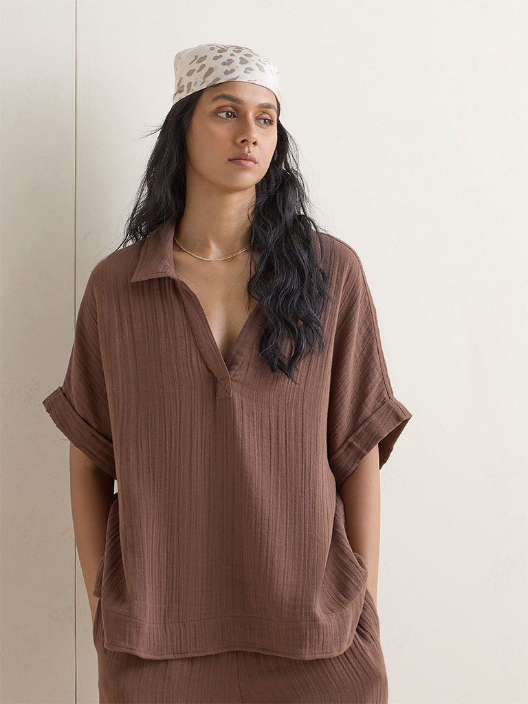 Wunderlove Brown Crinkle-Textured Beach Top