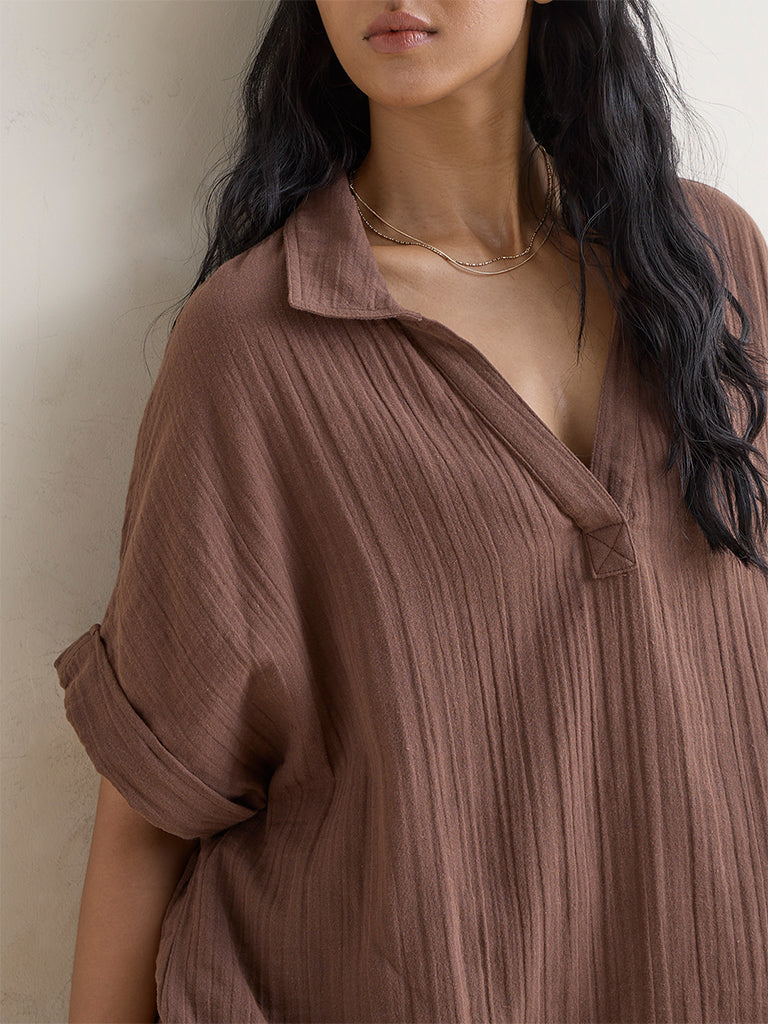 Wunderlove Brown Crinkle-Textured Beach Top