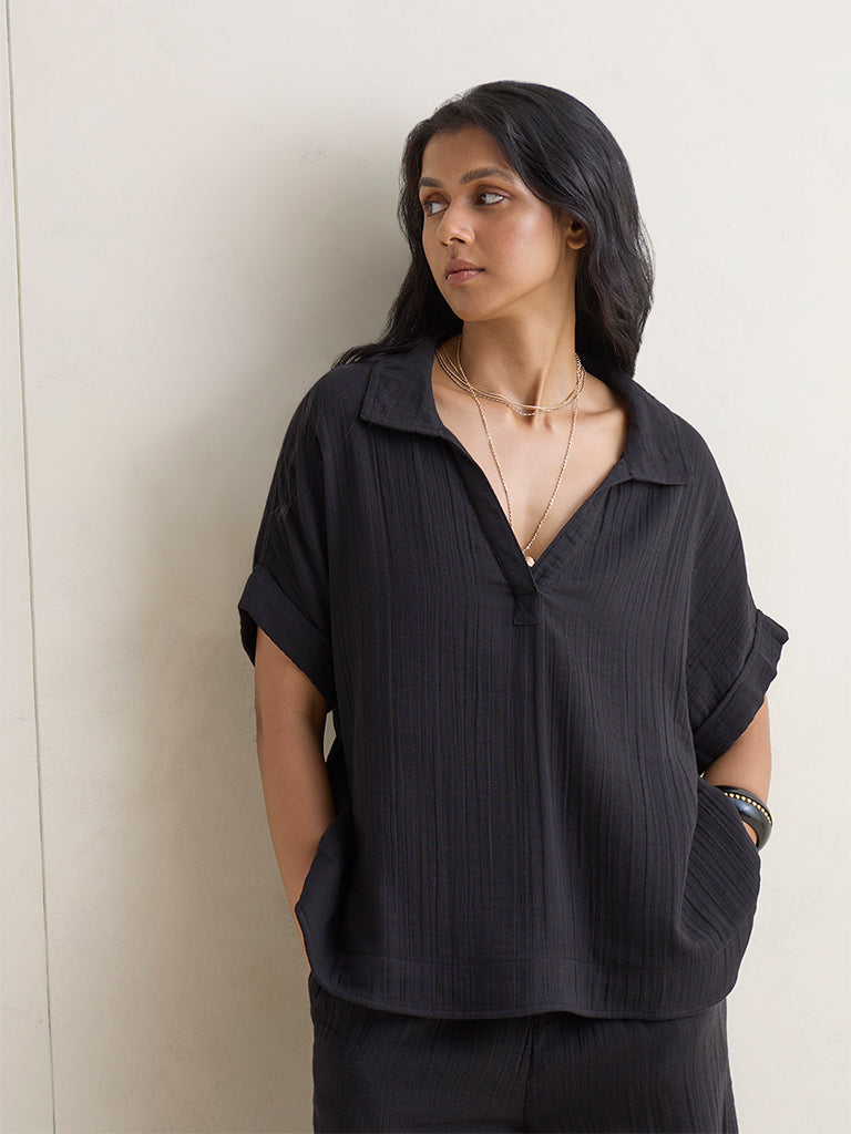 Wunderlove Black Crinkle-Textured Beach Top