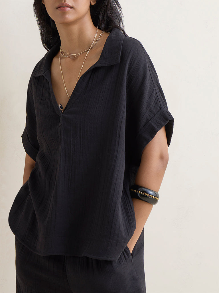 Wunderlove Black Crinkle-Textured Beach Top