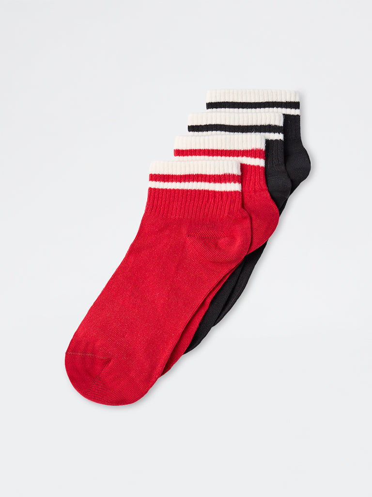 Wunderlove Red and Black Striped Cotton-Blend Ankle Socks - Pack of 2
