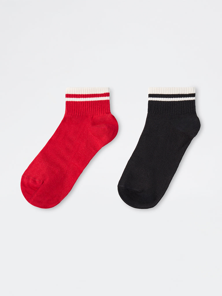 Wunderlove Red and Black Striped Cotton-Blend Ankle Socks - Pack of 2