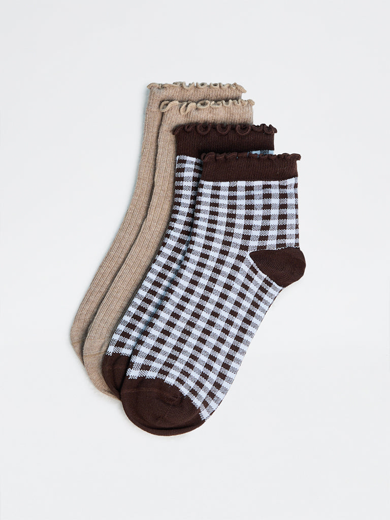 Superstar Brown Gingham Checkered Ankle Socks - Pack of 2