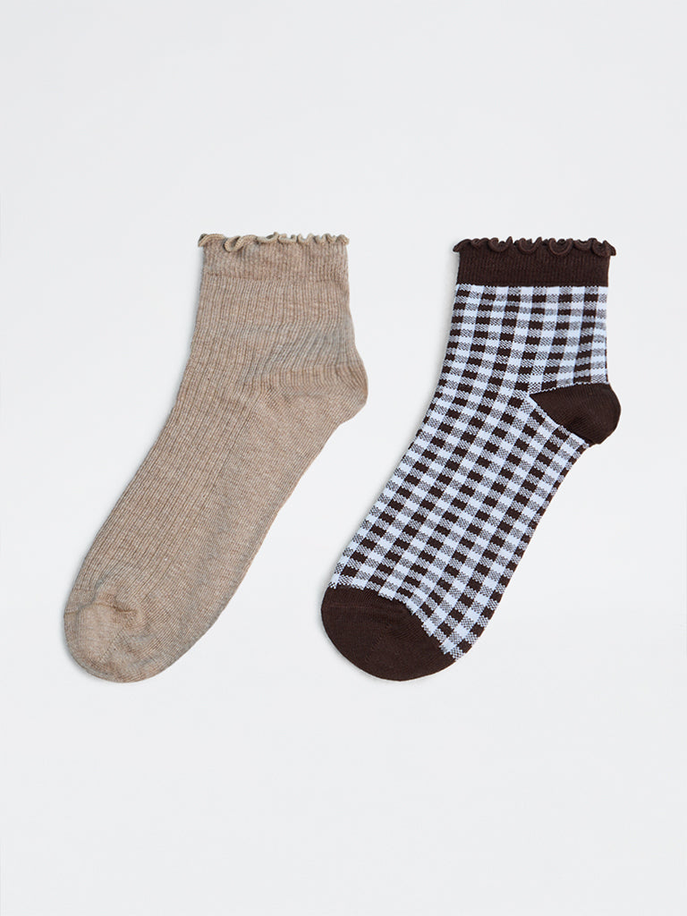 Superstar Brown Gingham Checkered Ankle Socks - Pack of 2