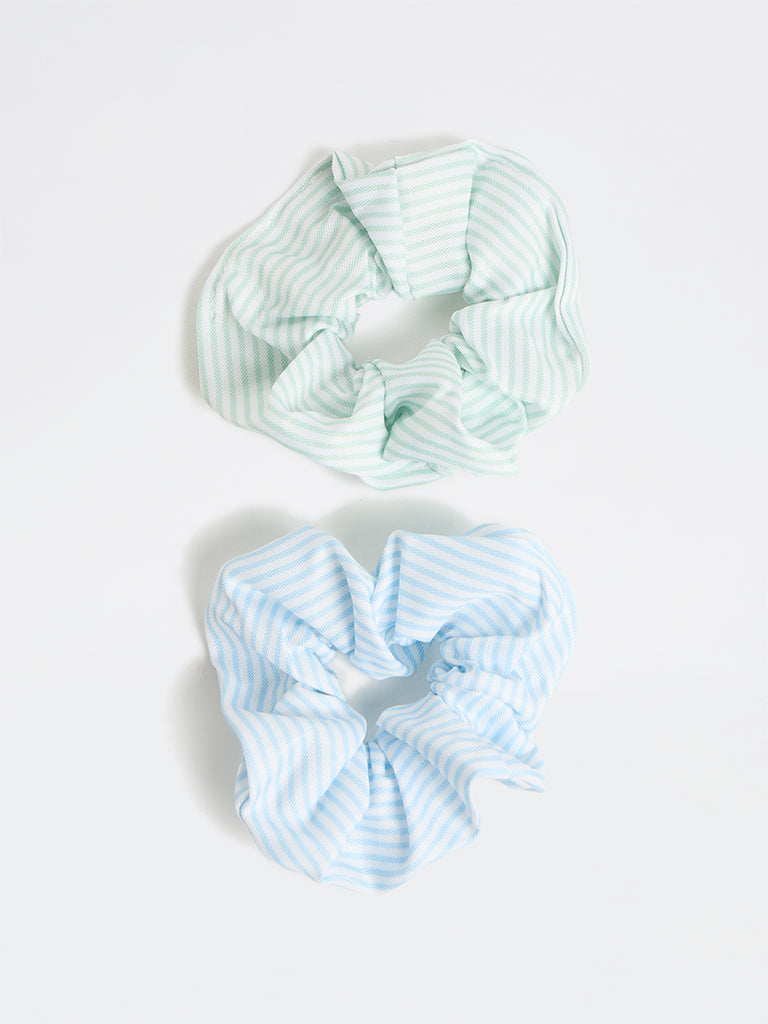 Westside Accessories Green and Blue Striped Hair Scrunchies - Pack of 2