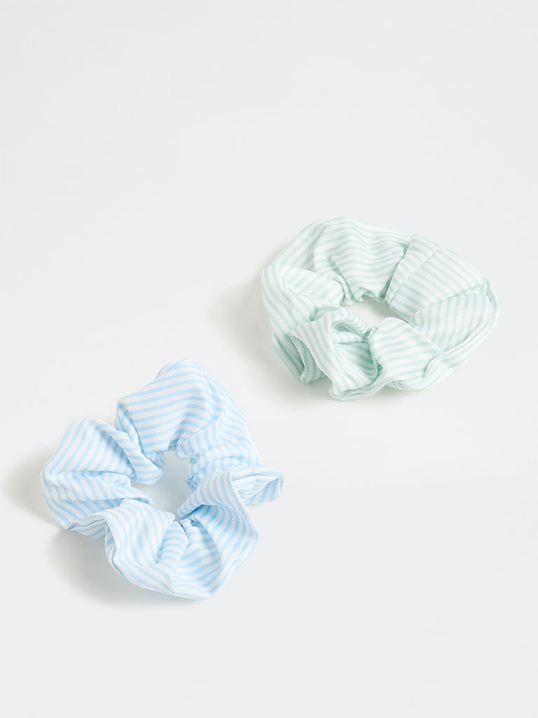 Westside Accessories Green and Blue Striped Hair Scrunchies - Pack of 2