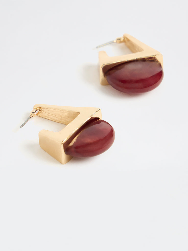 Westside Accessories Gold and Burgundy Resin Drop Hoop Earrings