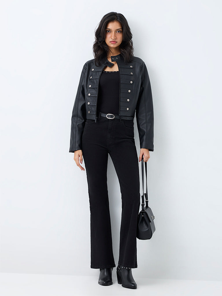 Nuon Black Tab-Button Faux Leather Jacket