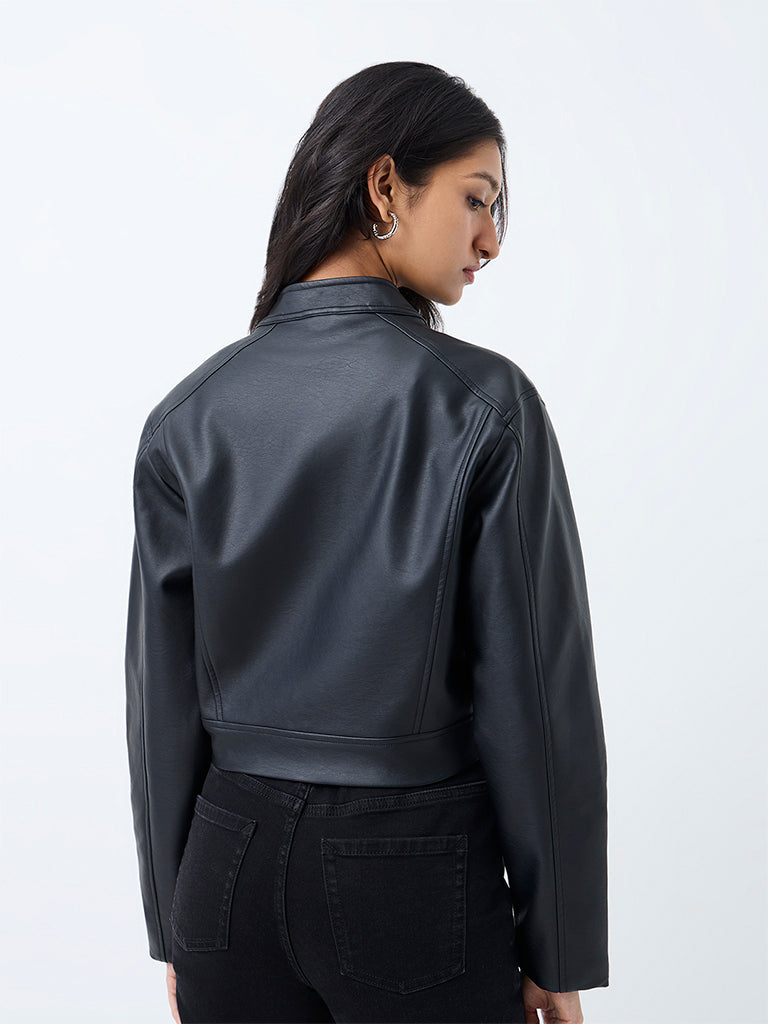 Nuon Black Tab-Button Faux Leather Jacket