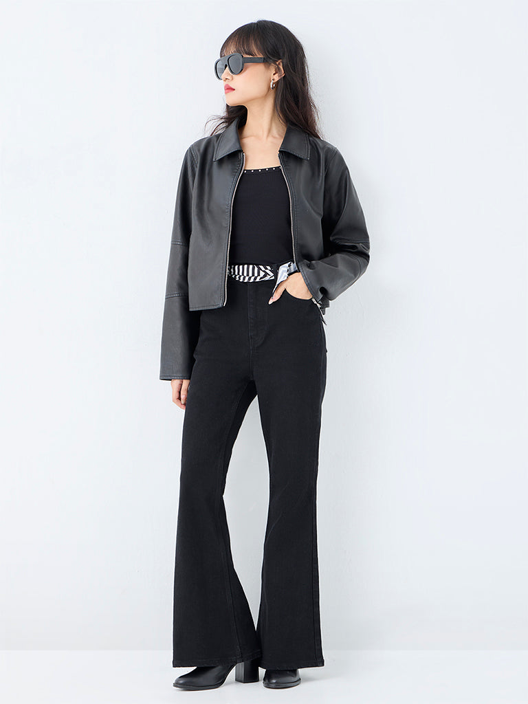 Nuon Charcoal Solid Faux Leather Jacket