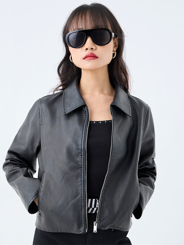 Nuon Charcoal Solid Faux Leather Jacket
