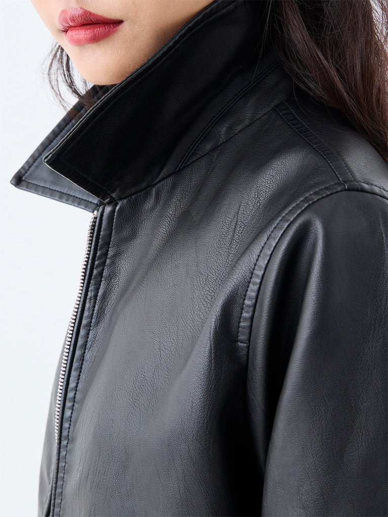 Nuon Charcoal Solid Faux Leather Jacket