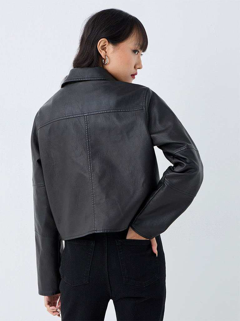 Nuon Charcoal Solid Faux Leather Jacket