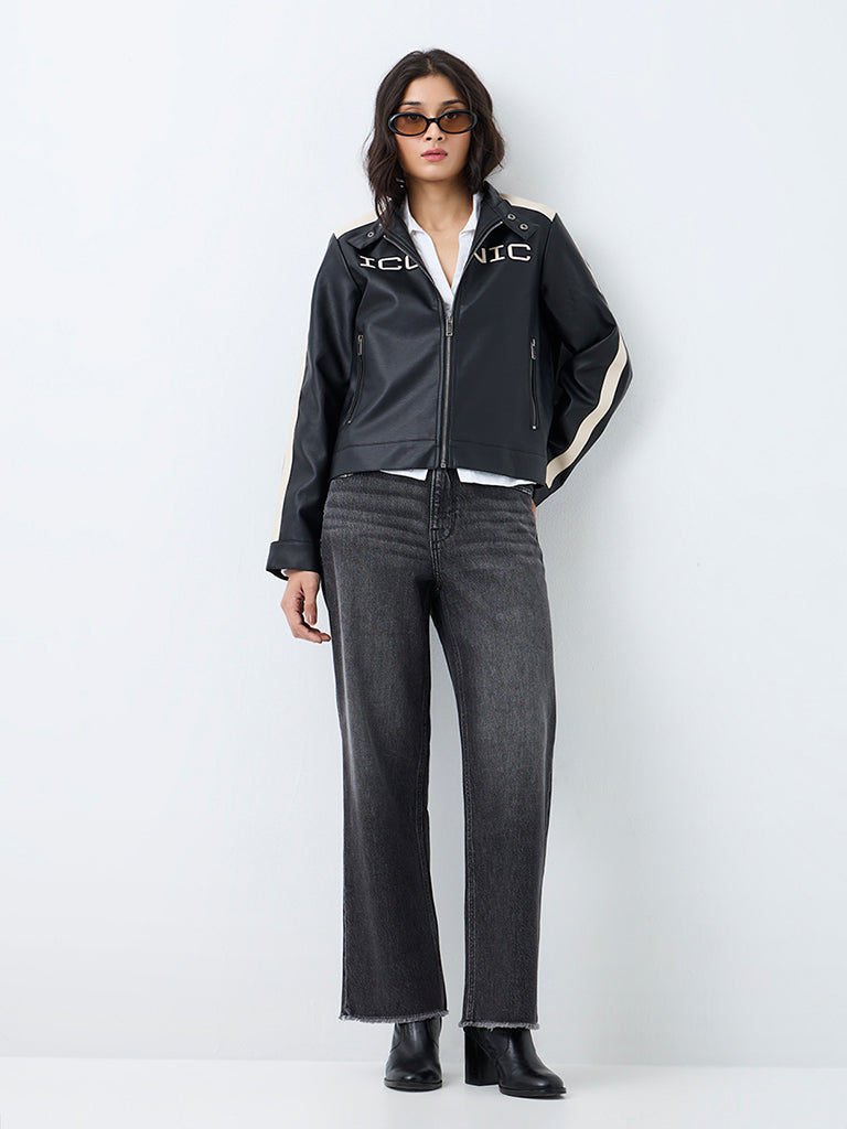 Nuon Black Text-Detail Faux Leather Biker Jacket