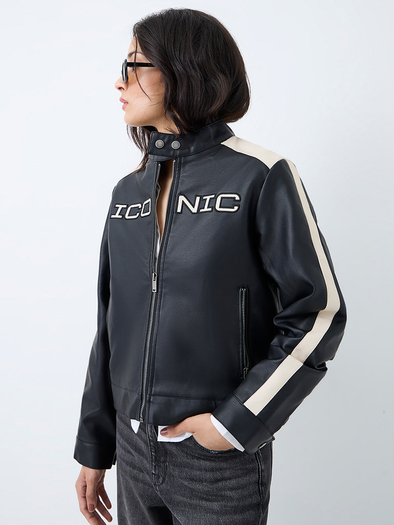 Nuon Black Text-Detail Faux Leather Biker Jacket