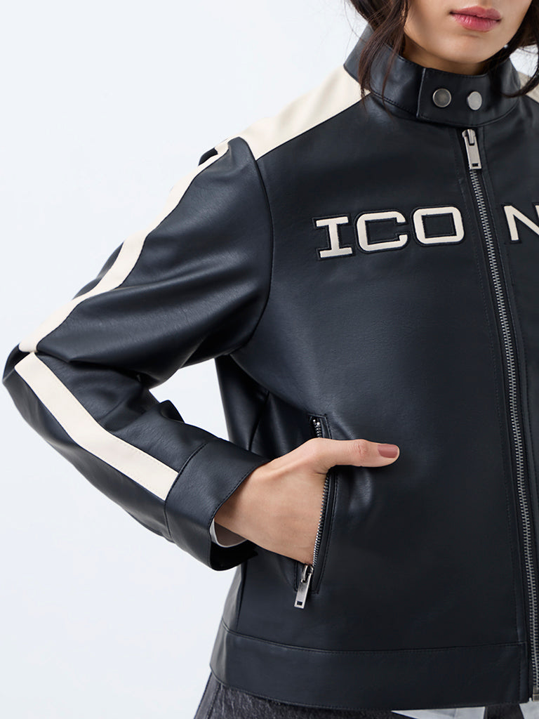 Nuon Black Text-Detail Faux Leather Biker Jacket