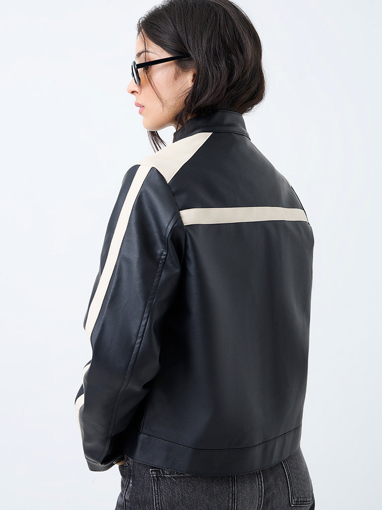 Nuon Black Text-Detail Faux Leather Biker Jacket