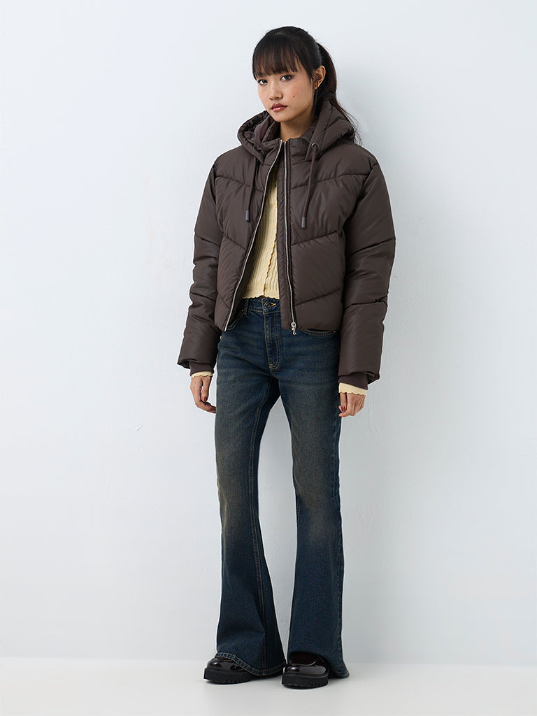 Nuon Dark Brown Solid Hooded Puffer Jacket