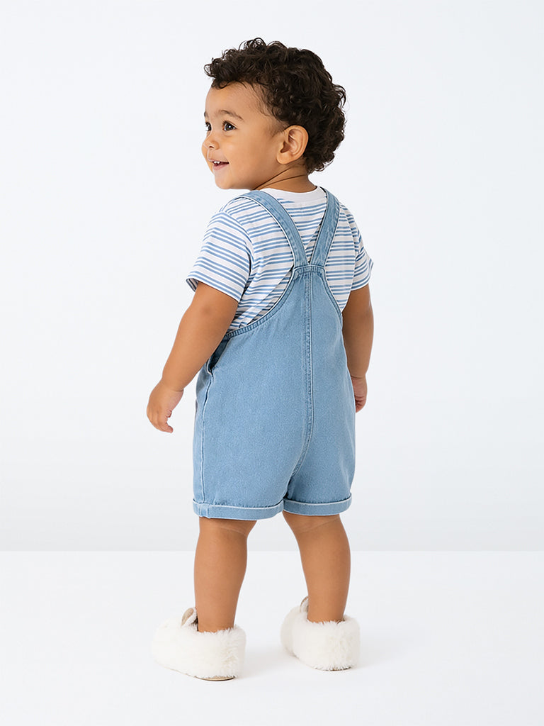 HOP Baby Boys Blue Text-Detail Denim Dungaree with T-Shirt Set