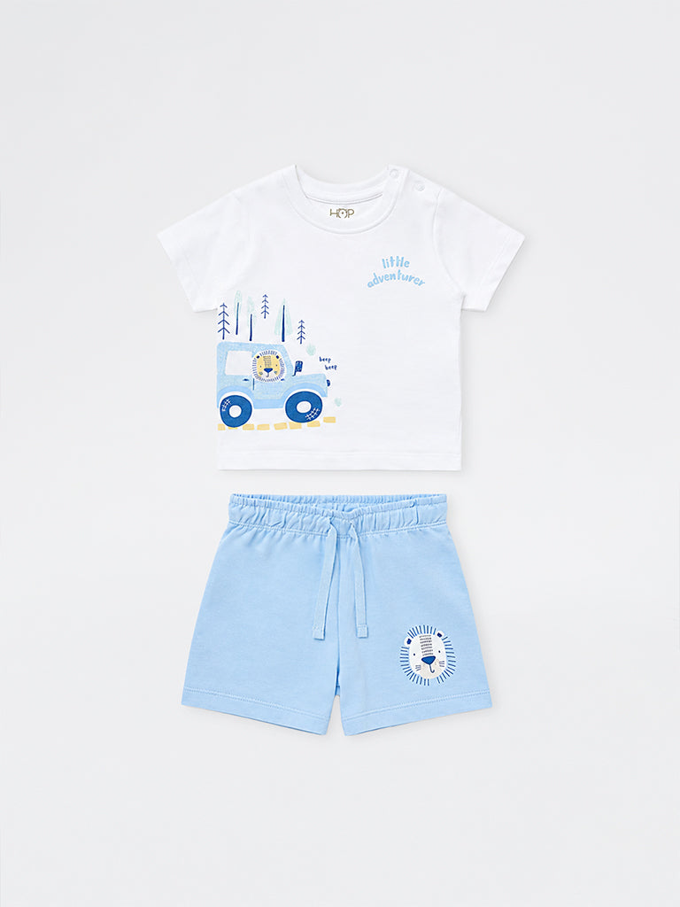 HOP Baby Boys White Graphic Printed Cotton T-Shirt and Shorts Sets