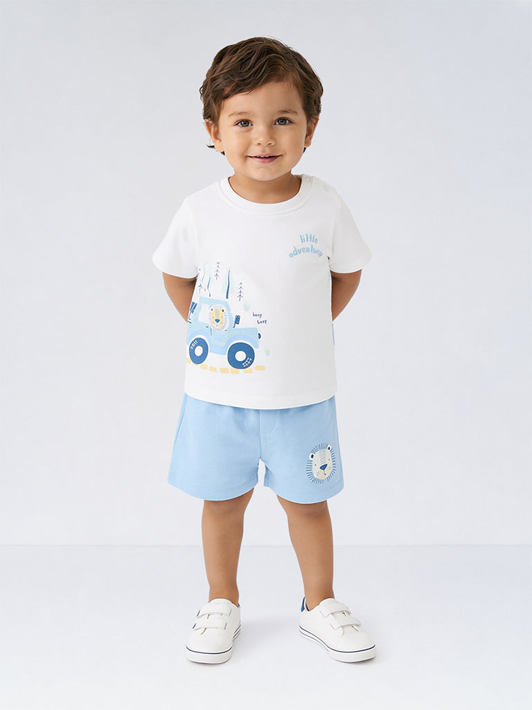 HOP Baby Boys White Graphic Printed Cotton T-Shirt and Shorts Set