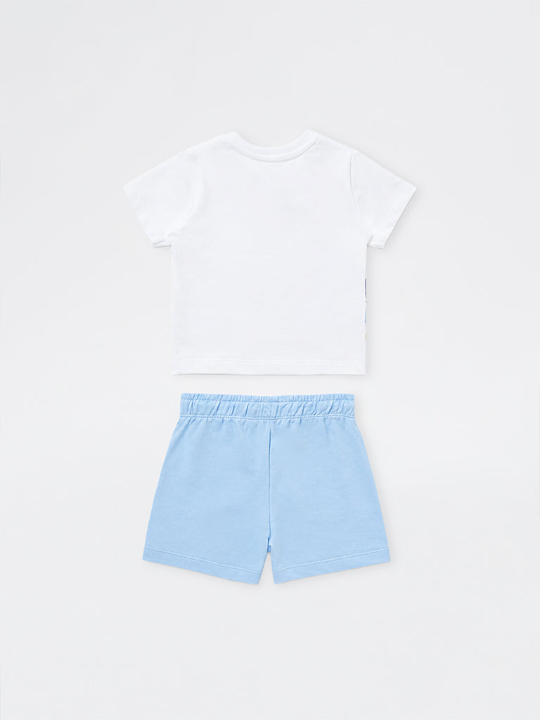HOP Baby Boys White Graphic Printed Cotton T-Shirt and Shorts Sets