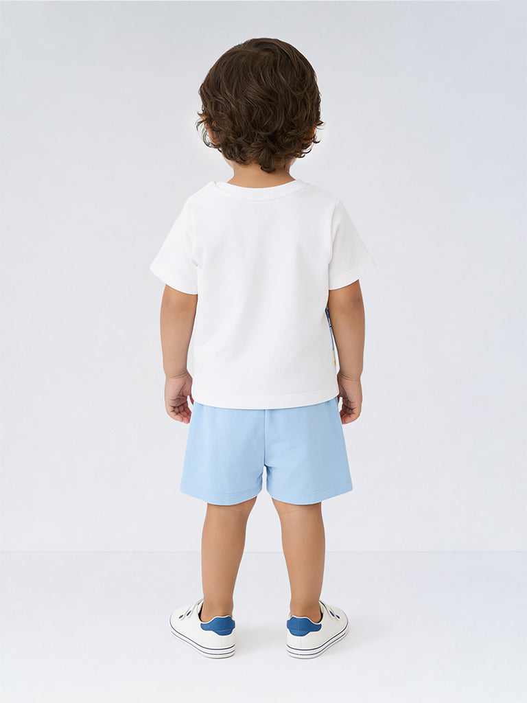 HOP Baby Boys White Graphic Printed Cotton T-Shirt and Shorts Set