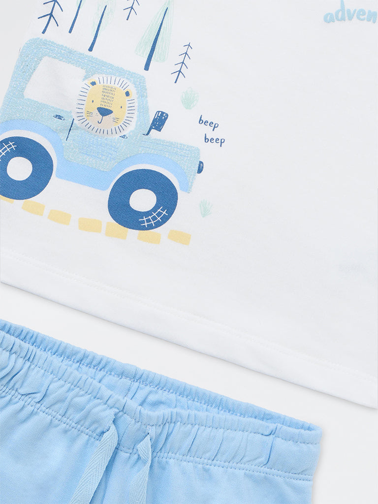 HOP Baby Boys White Graphic Printed Cotton T-Shirt and Shorts Sets