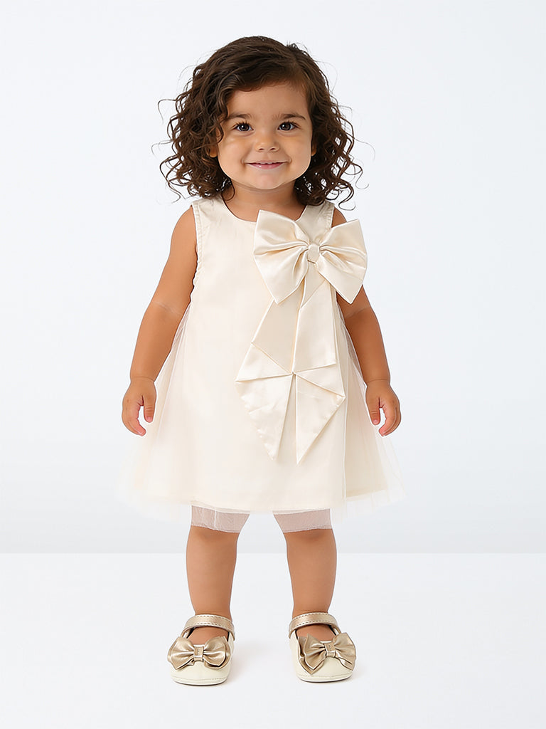 HOP Baby Girls Ivory Bow-Design Sheer-Overlay A-Line Dress
