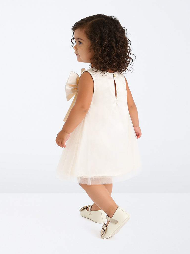 HOP Baby Girls Ivory Bow-Design Sheer-Overlay A-Line Dress