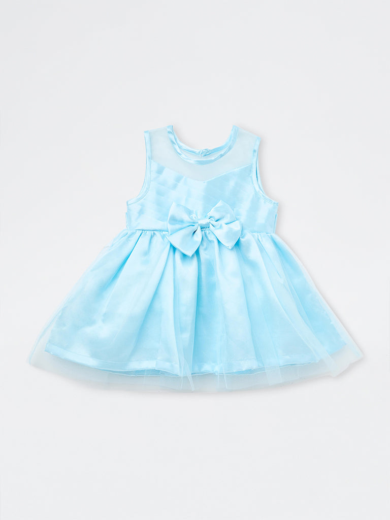 HOP Baby Girls Blue Bow-Detail Sheer-Overlay Cotton Party Dress