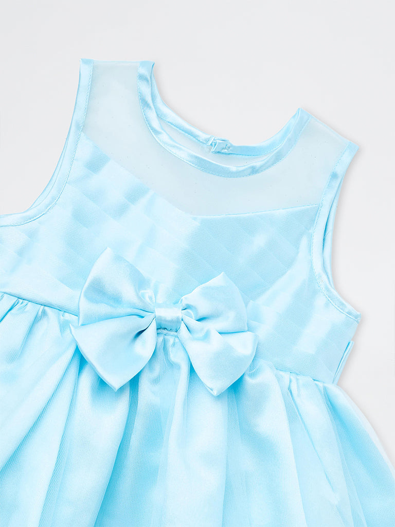 HOP Baby Girls Blue Bow-Detail Sheer-Overlay Cotton Party Dress