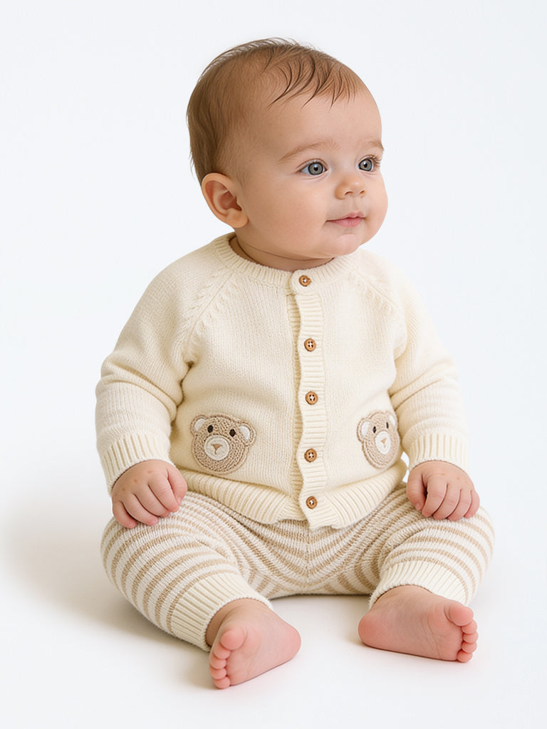 HOP Baby Boys Cream Teddy Embroidered Cardigan and Pants Set